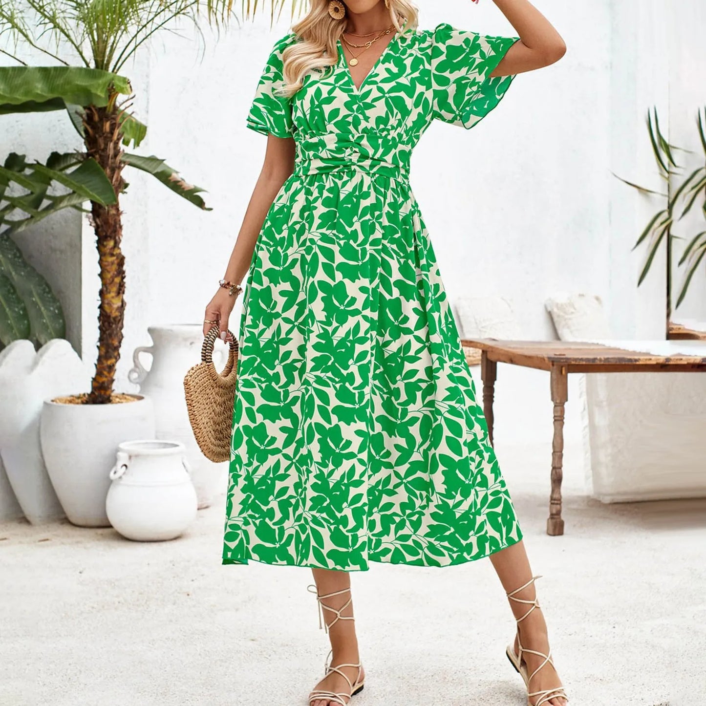 JuliaFashion - Vintage Floral Print Women Maxi Fashion V-Neck Short Sleeve Party Beach Holiday High Waist Summer Casual Dress
