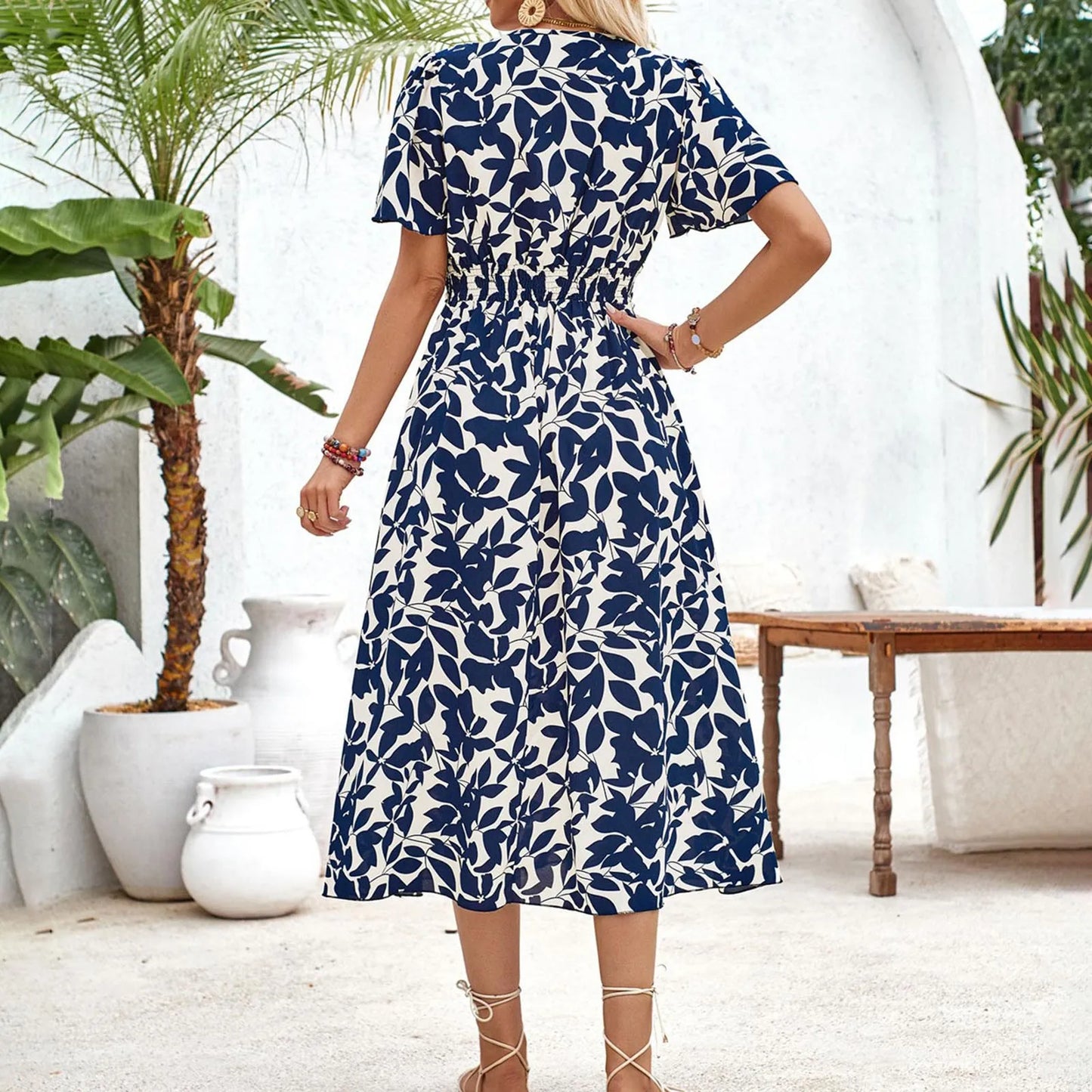 JuliaFashion - Vintage Floral Print Women Maxi Fashion V-Neck Short Sleeve Party Beach Holiday High Waist Summer Casual Dress