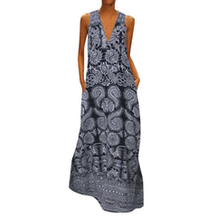 JuliaFashion - Vintage Printed SunCasual Long Vestidos Sleeveless Deep V Neck Party Robe Femme Dress