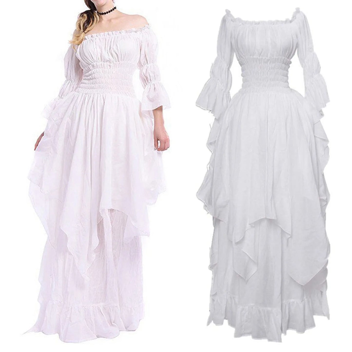 JuliaFashion - Vintage Victorian Medieval Puff Sleeve Off Shoulder Costume Solid Cosplay Prom Princess Gown Gothic Dress