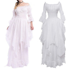 JuliaFashion - Vintage Victorian Medieval Puff Sleeve Off Shoulder Costume Solid Cosplay Prom Princess Gown Gothic Dress