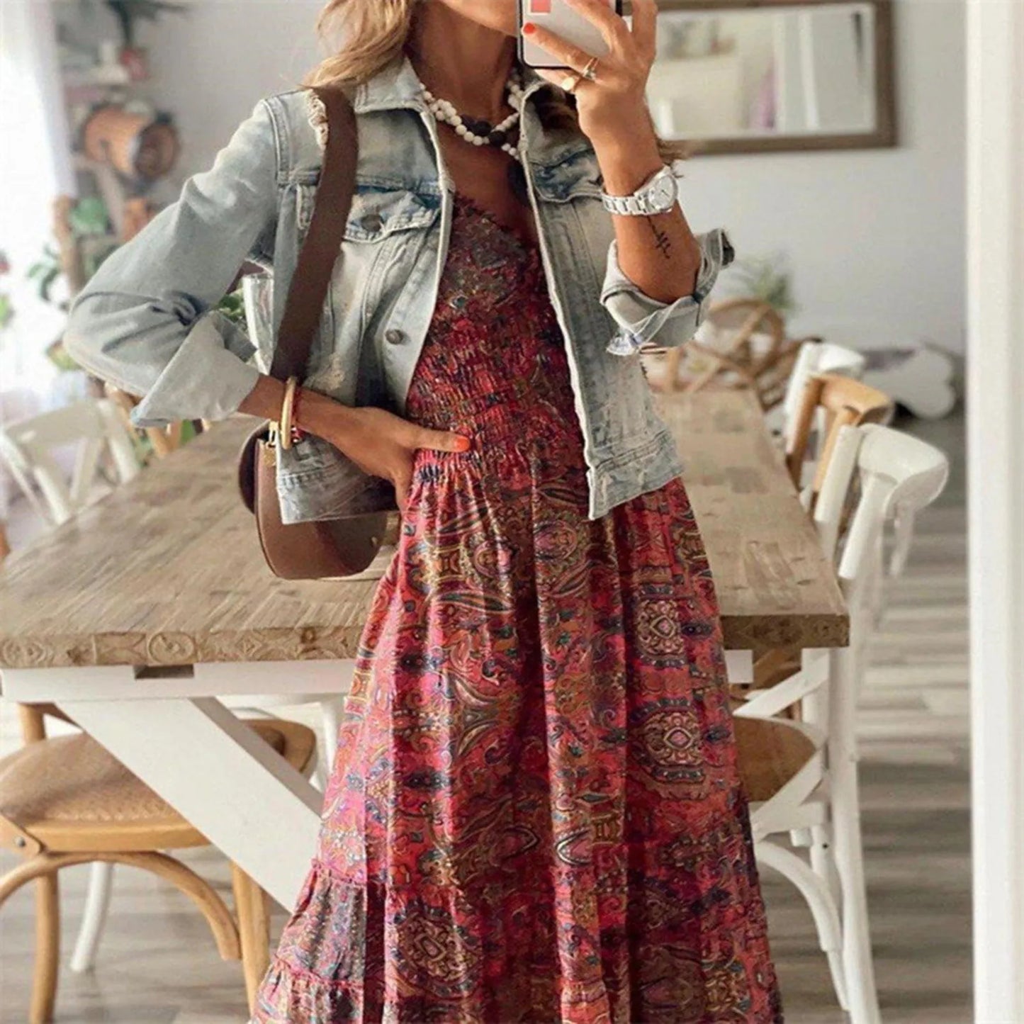 JuliaFashion - Vintage Bohemian Gypsy Causal V Neck Straps Boho Style Short Sleeve Long Beach Vestidos Dress