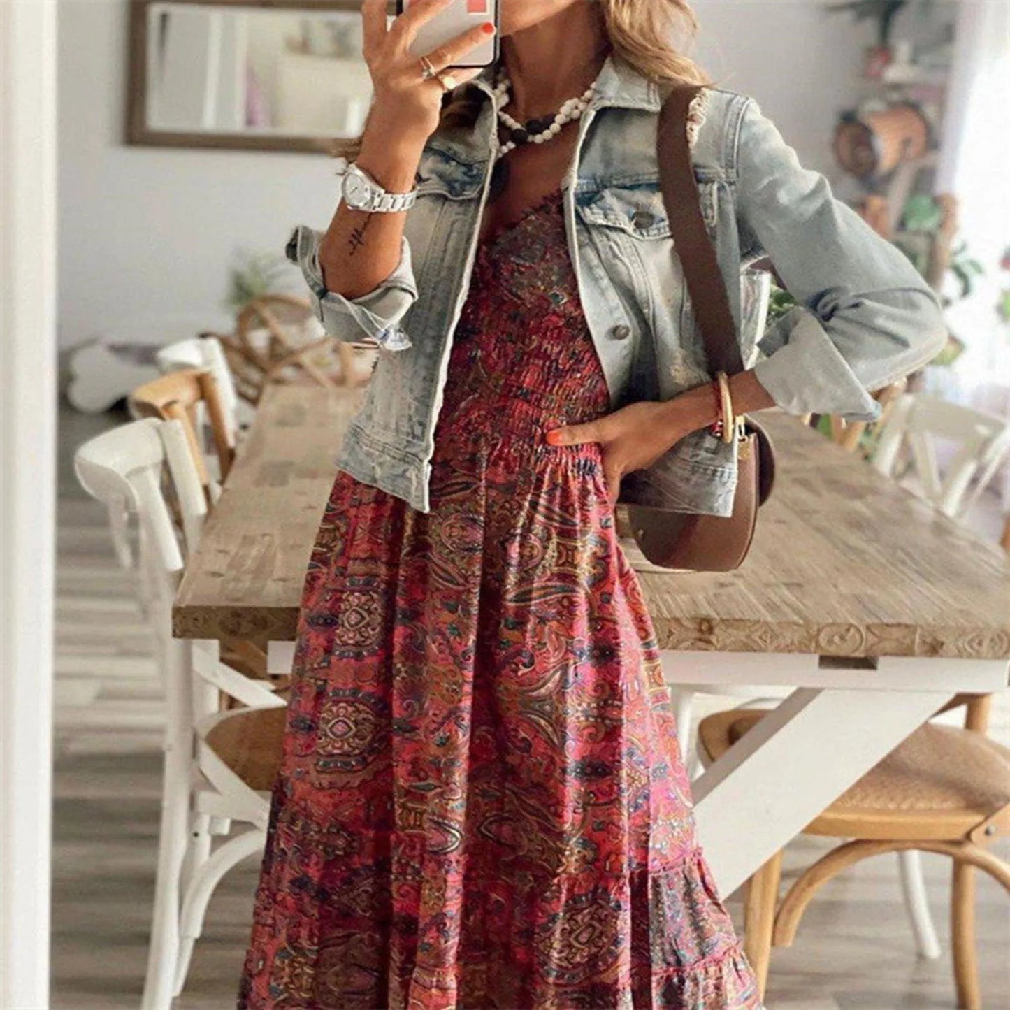 JuliaFashion - Vintage Bohemian Gypsy Causal V Neck Straps Boho Style Short Sleeve Long Beach Vestidos Dress
