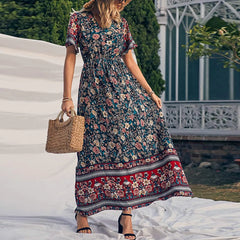JuliaFashion - Vintage Women Floral Beach Boho Maxi V Neck Short Sleeve Waisted Long Party Casual Ladies Summer Holiday Vestidos Dress