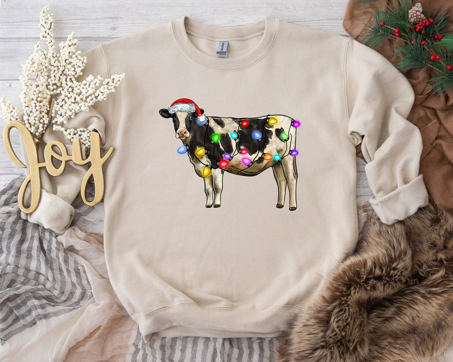 Voguish Christmas Cow Lights Leisure Sports Model Farm Hoodie Creamy-White / S Hoodies-L