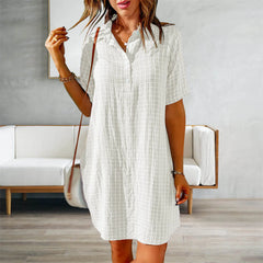 JuliaFashion - Women Button Short Sleeve Simple Shirt Casual Summer Short Turn Down Collar Solid Color Straight Midi Dress