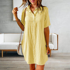 JuliaFashion - Women Button Short Sleeve Simple Shirt Casual Summer Short Turn Down Collar Solid Color Straight Midi Dress