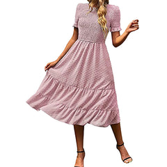 JuliaFashion - Women Casual Boho Short Sleeve Jacquard Smocked Midi Crew Neck Tiered Ladies High Waist Chiffon Summer Dress