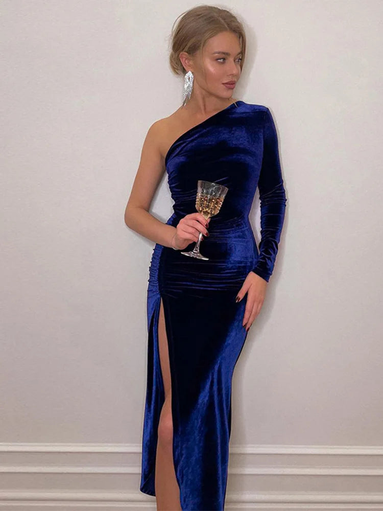 Julia Fashion - Women Elegant Long Sleeve Party Evening Velvet Split Mini Dress