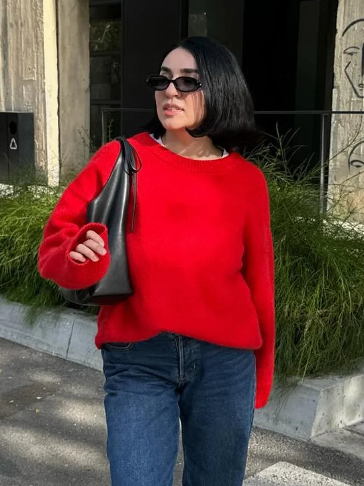 Loose Round Neck Retro Long Sleeve Knitted Pullover Christmas Sweater Sweaters-L