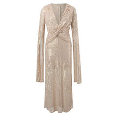 JuliaFashion - Formal Wedding Bridesmaid Sequin Slit Long Sleeve Long V Neck Beaded Evening Gown Wedding Gown Party Wear Dress