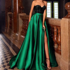JuliaFashion - High Waist Satin Maxi Elegant Split Strapless A-Line Vintage Sleeveless Ball Gown Evening Party Dress