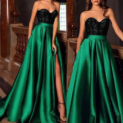 JuliaFashion - High Waist Satin Maxi Elegant Split Strapless A-Line Vintage Sleeveless Ball Gown Evening Party Dress