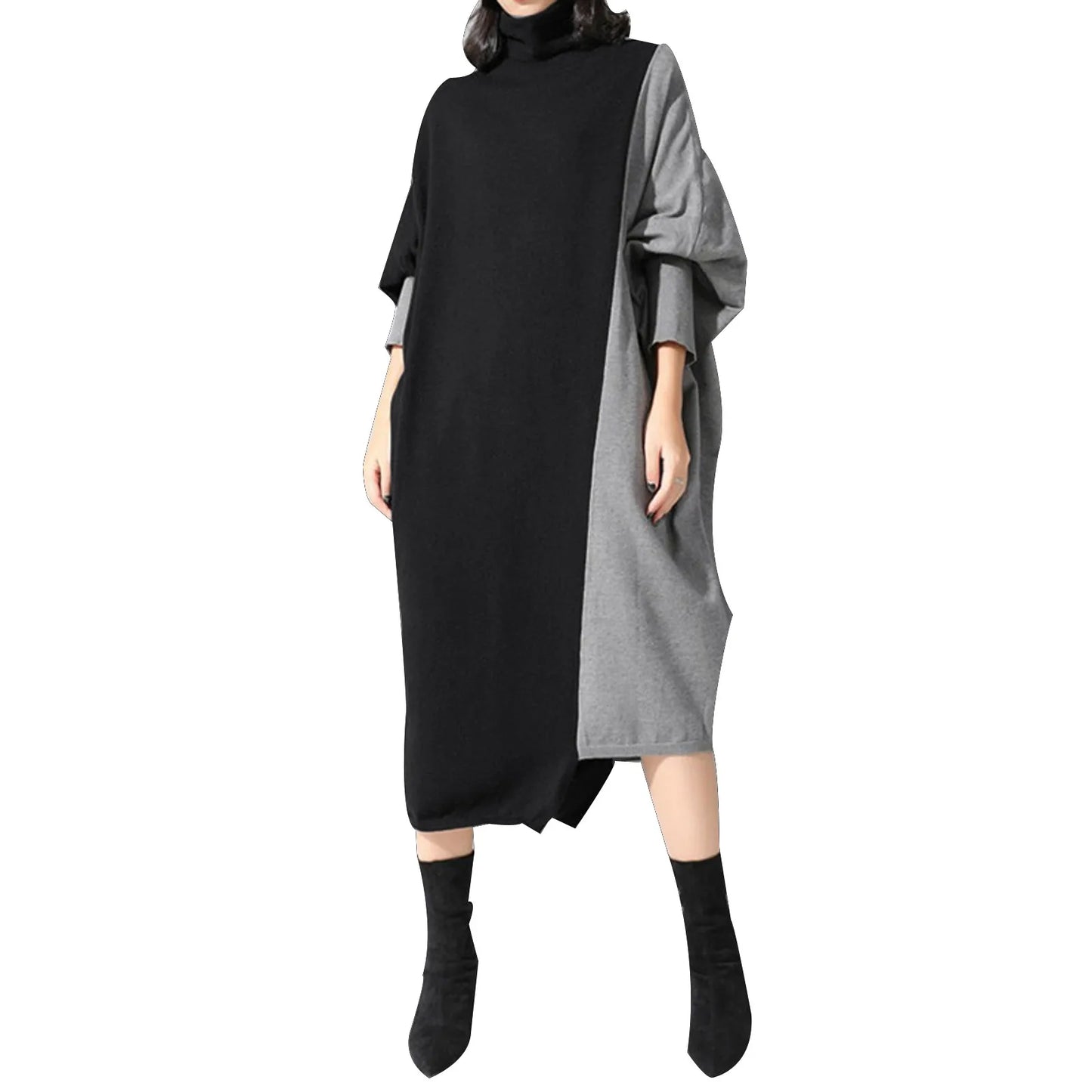 JuliaFashion - Korean Style Spliced Knitted Midi Autumn Fashion Turtleneck Long Sleeve Oversized All-Match Elegant Female Dress