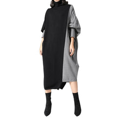 JuliaFashion - Korean Style Spliced Knitted Midi Autumn Fashion Turtleneck Long Sleeve Oversized All-Match Elegant Female Dress