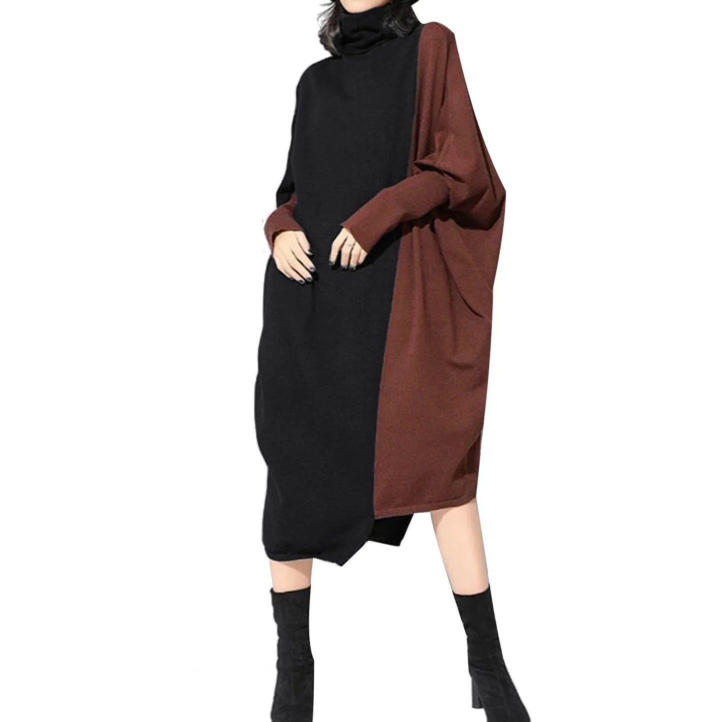 JuliaFashion - Korean Style Spliced Knitted Midi Autumn Fashion Turtleneck Long Sleeve Oversized All-Match Elegant Female Dress