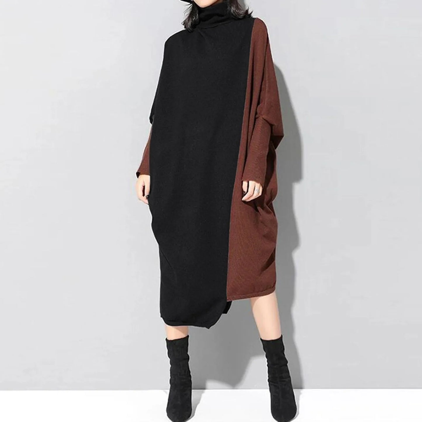 JuliaFashion - Korean Style Spliced Knitted Midi Autumn Fashion Turtleneck Long Sleeve Oversized All-Match Elegant Female Dress