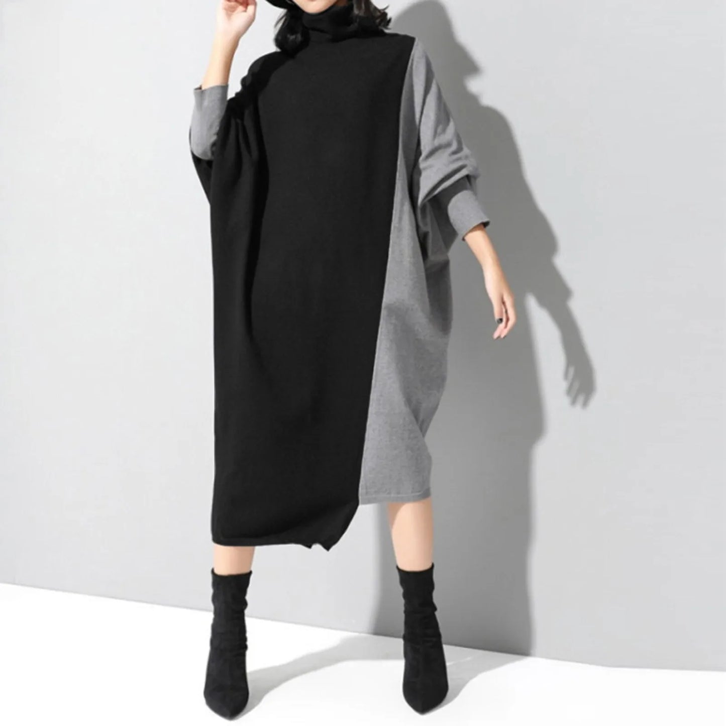 JuliaFashion - Korean Style Spliced Knitted Midi Autumn Fashion Turtleneck Long Sleeve Oversized All-Match Elegant Female Dress