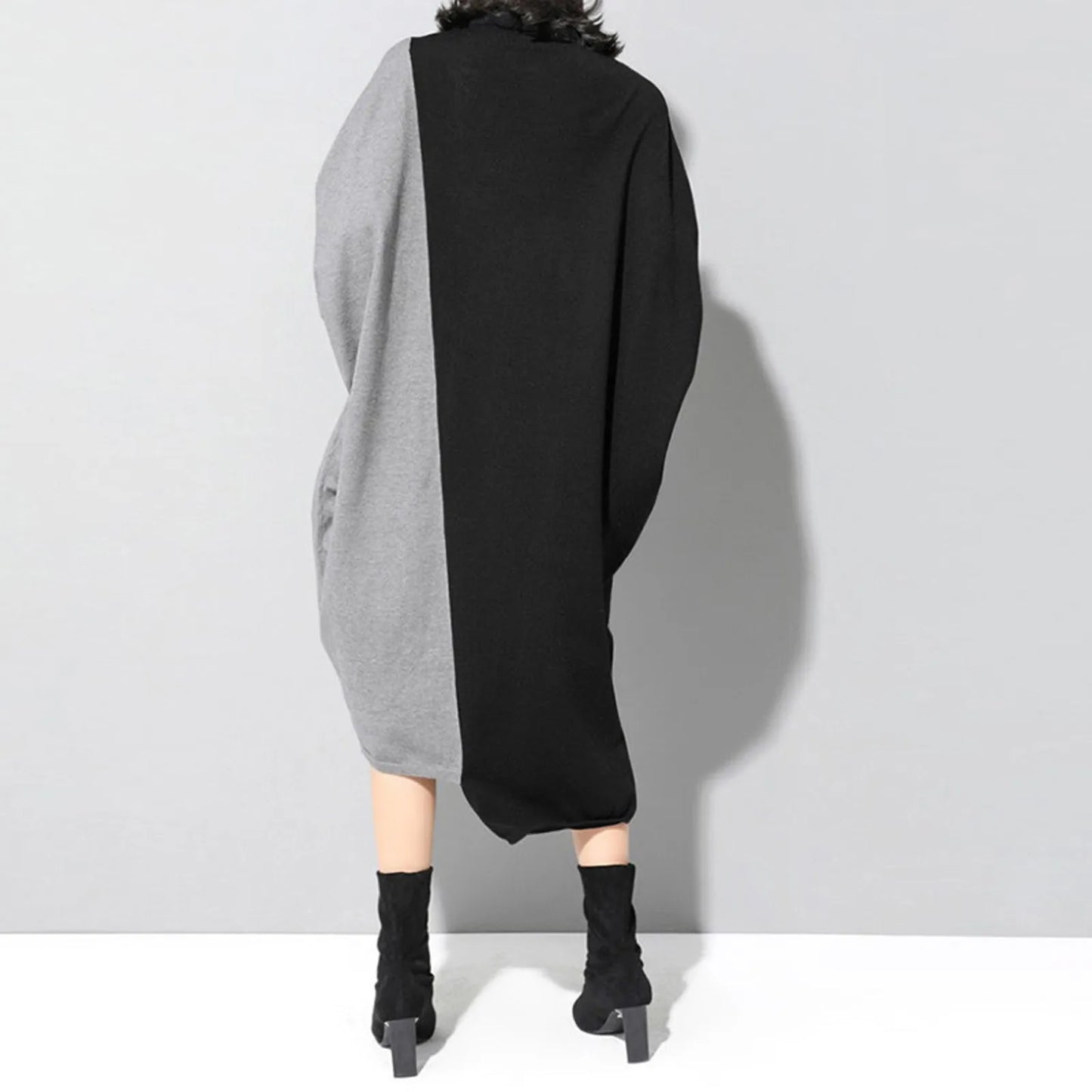 JuliaFashion - Korean Style Spliced Knitted Midi Autumn Fashion Turtleneck Long Sleeve Oversized All-Match Elegant Female Dress