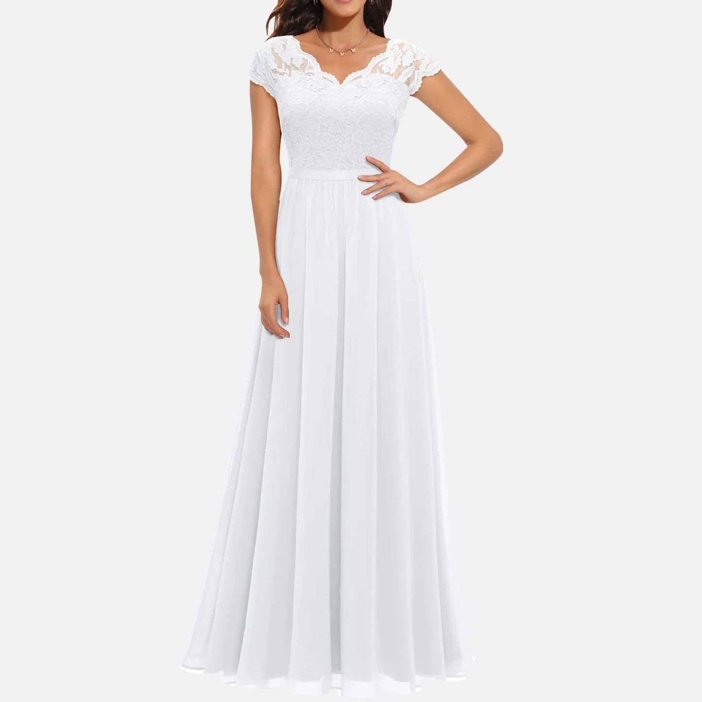 JuliaFashion - Lace Patchwork Maxi Long Evening Solid Lace Patchwork Backless V Neck High Waist Elegant Wedding Party Dress
