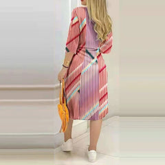 JuliaFashion - Women Striped Print Long Sleeve Shirt Autumn Spring Casual OL Long Fashion Vintage Splice Ladies Clothing Dress