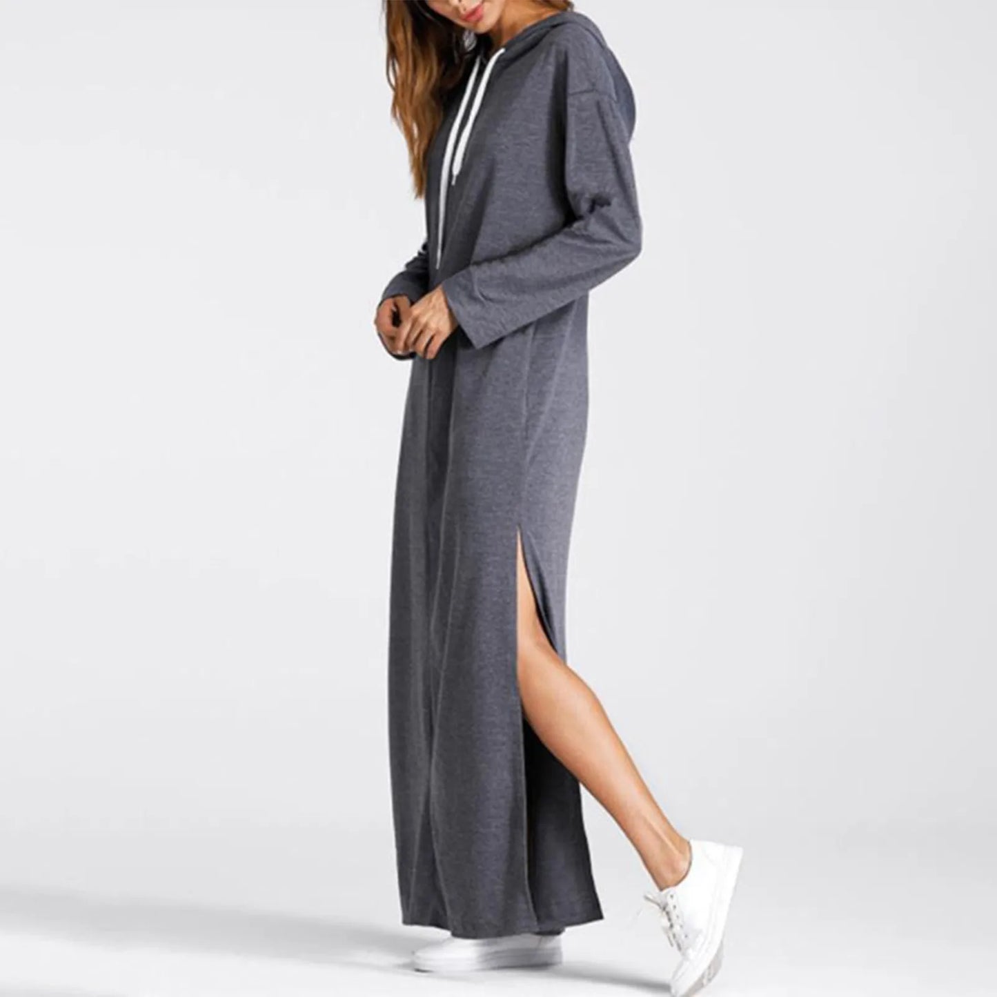 JuliaFashion - Women Maxi Casual Solid Color Drawstring Long Hooded With Pockets Autumn Long Sleeve Hoodies Sweatshirt Dress