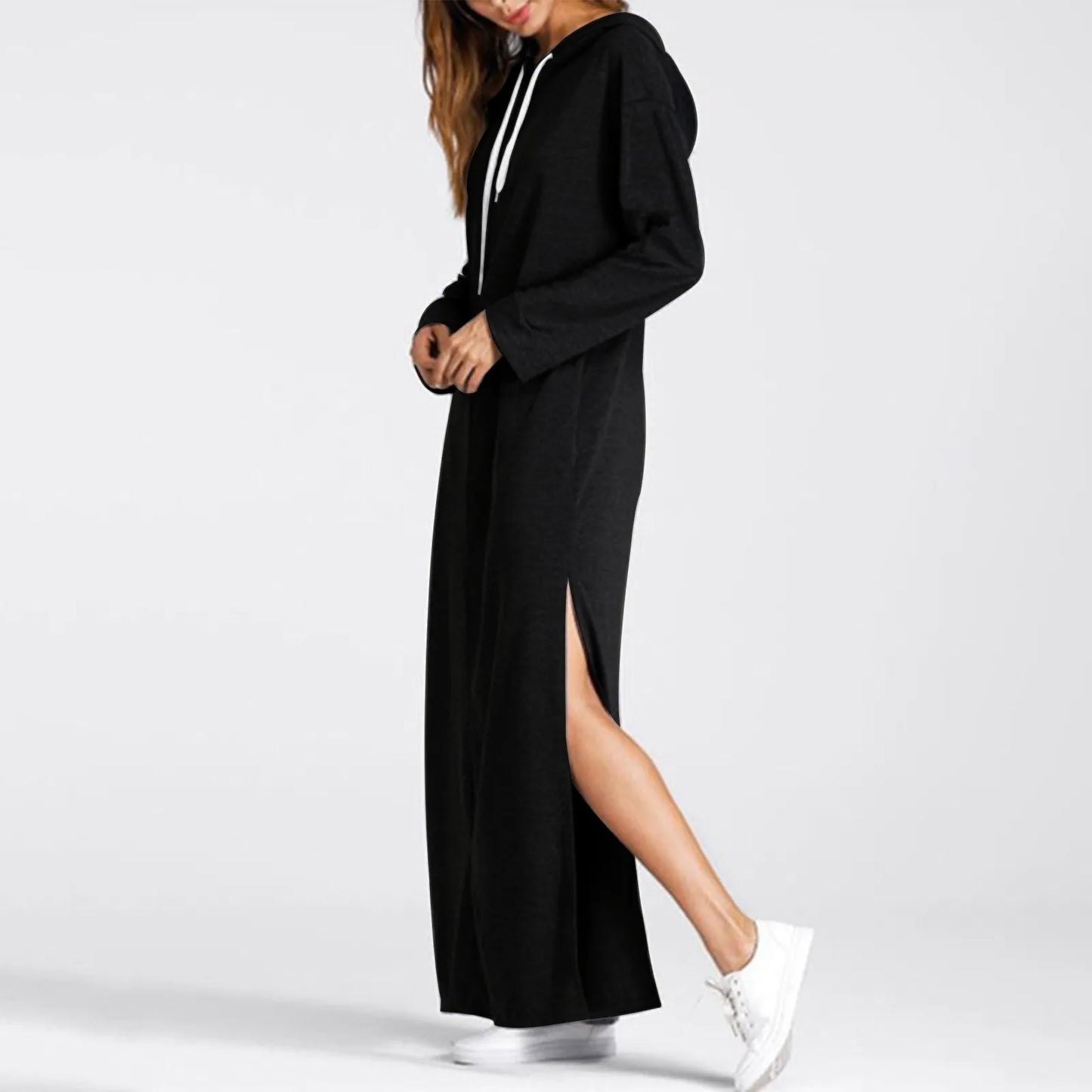 JuliaFashion - Women Maxi Casual Solid Color Drawstring Long Hooded With Pockets Autumn Long Sleeve Hoodies Sweatshirt Dress