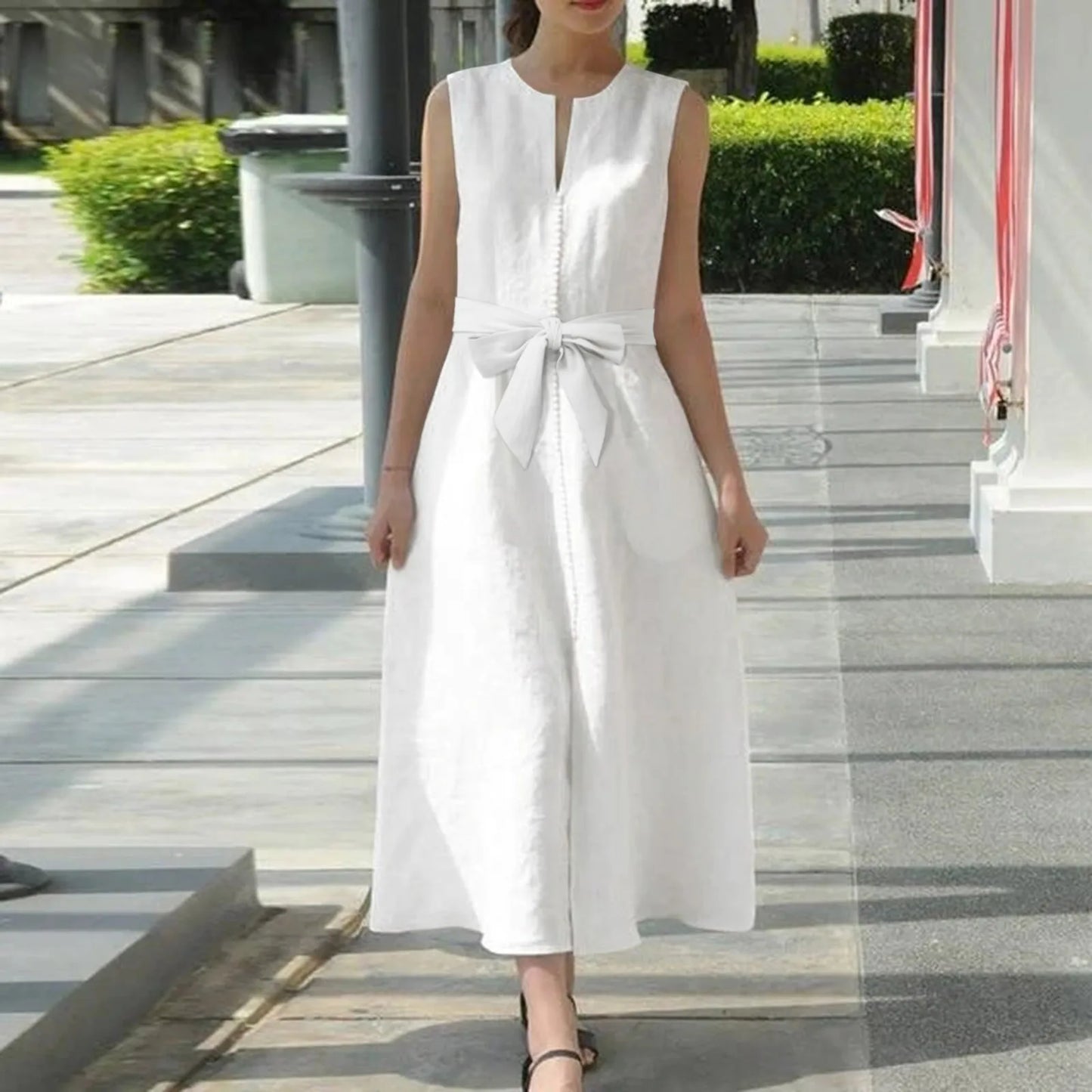 JuliaFashion - Women Maxi Long 2024 Summer Vintage Black Sleeveless Casual V-Neck Loose Ankle Length Belt Loose Party Vestidos Robe Femme Dress