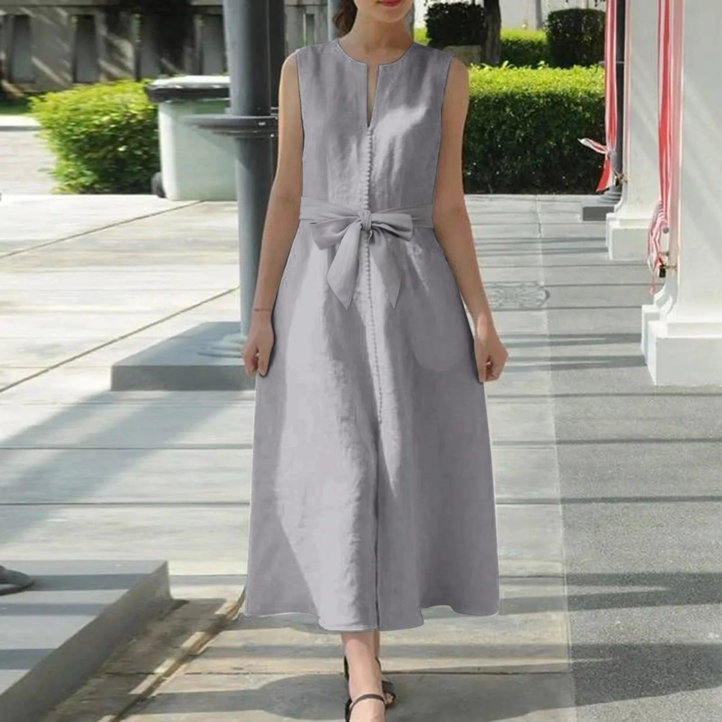 JuliaFashion - Women Maxi Long 2024 Summer Vintage Black Sleeveless Casual V-Neck Loose Ankle Length Belt Loose Party Vestidos Robe Femme Dress