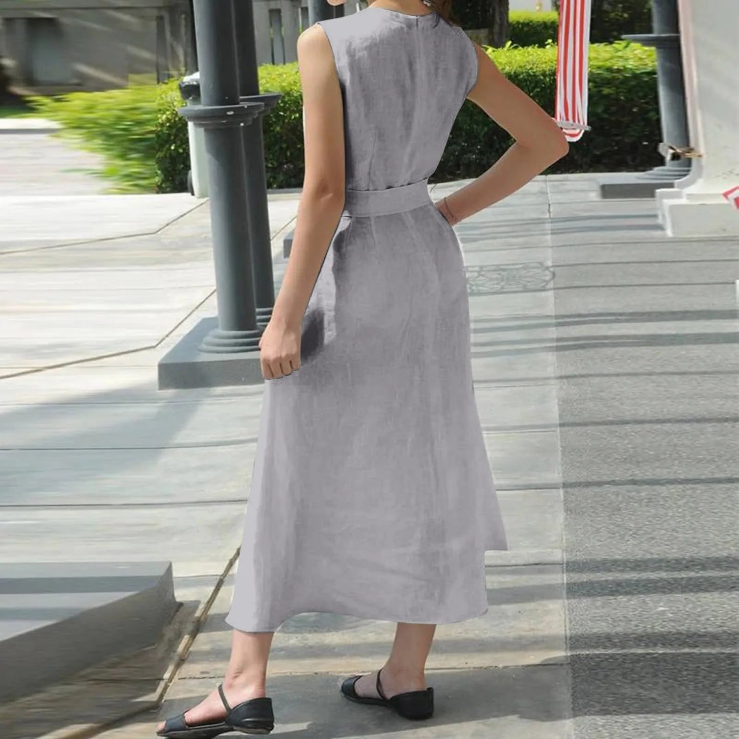 JuliaFashion - Women Maxi Long 2024 Summer Vintage Black Sleeveless Casual V-Neck Loose Ankle Length Belt Loose Party Vestidos Robe Femme Dress