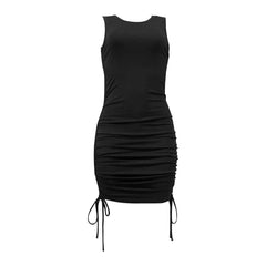 JuliaFashion - Women Ribbed Elastic Mini Ruched Drawstring Sexy Off Shoulder Stretch Bodycon Summer 2024 Party Club Wear Dress