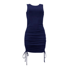 JuliaFashion - Women Ribbed Elastic Mini Ruched Drawstring Sexy Off Shoulder Stretch Bodycon Summer 2024 Party Club Wear Dress