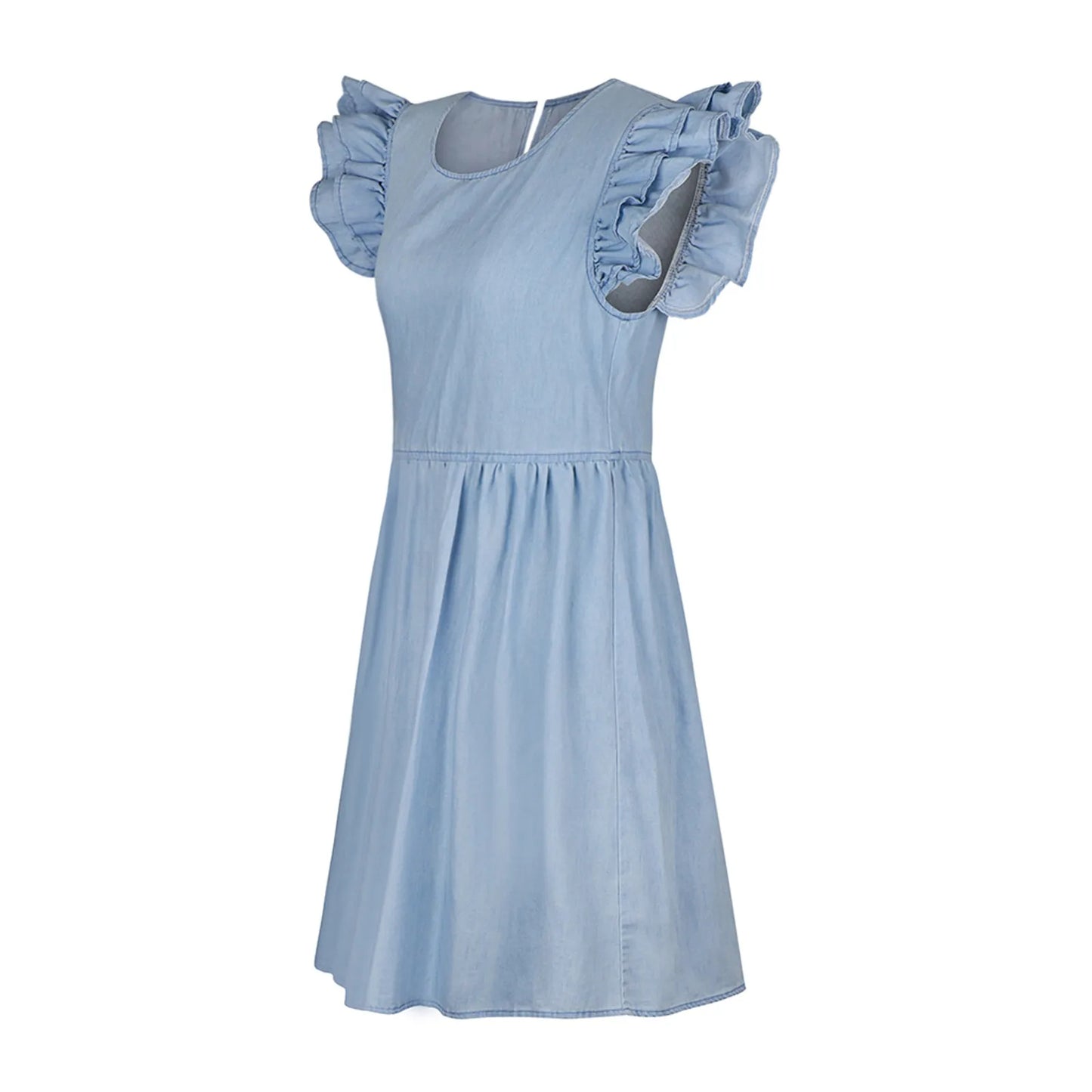 JuliaFashion - Casual Denim Jean Ruffle Sleeve Midi Skinny Body O Neck Sleeveless Party Loose Summer Pleated Dress
