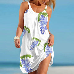 JuliaFashion - Women'S Fashion Sexy Sleeveless Floral Printed Hem Mini U-Neck Spaghetti Strap Loose Comfort Beach Girls Dress