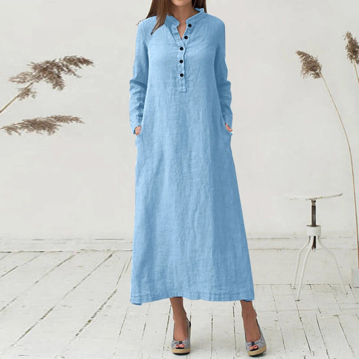 JuliaFashion - Women'S Kaftan Cotton Long Sleeve Plain Casual Oversized Maxi Long Shirt Basic Elegant Midi Robe Femme Party Dress