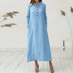 JuliaFashion - Women'S Kaftan Cotton Long Sleeve Plain Casual Oversized Maxi Long Shirt Basic Elegant Midi Robe Femme Party Dress