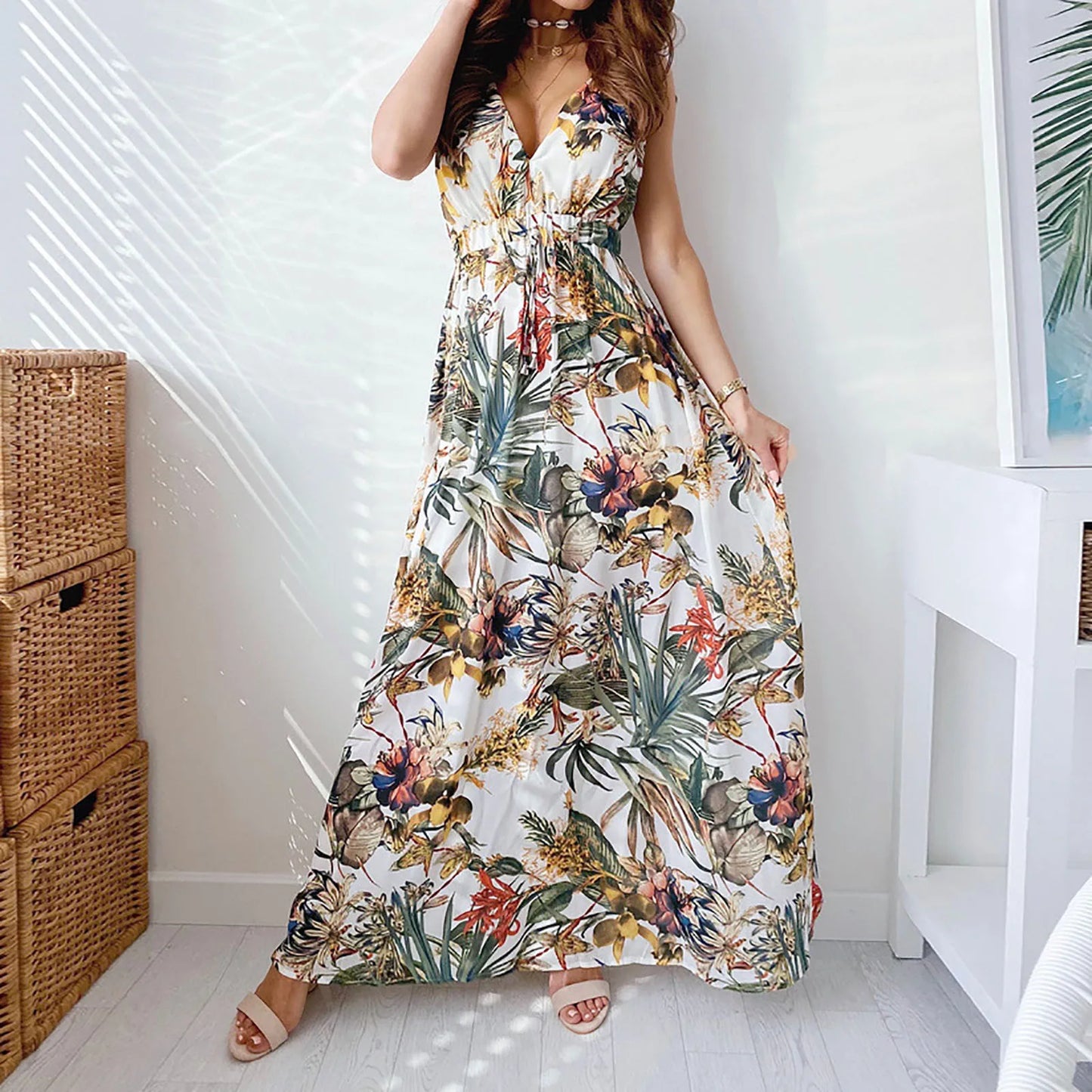 JuliaFashion - Summer Long Beach Floral Print SunFashion New Floral Print Halter Strap Banquet Wedding Maxi Dress