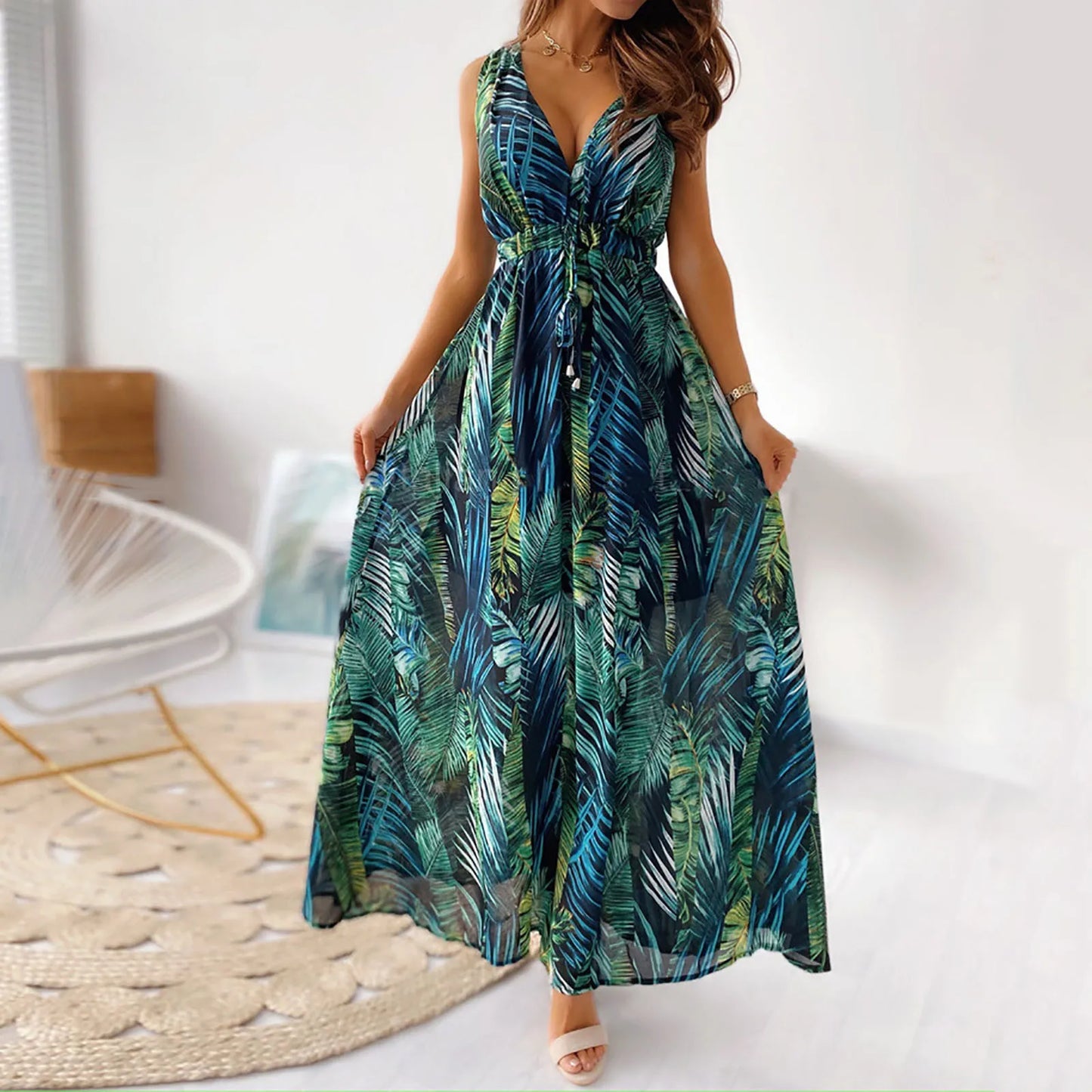 JuliaFashion - Summer Long Beach Floral Print SunFashion New Floral Print Halter Strap Banquet Wedding Maxi Dress