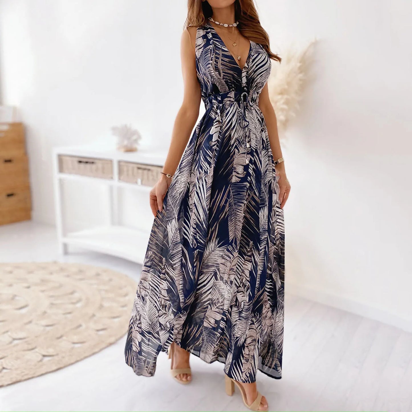 JuliaFashion - Summer Long Beach Floral Print SunFashion New Floral Print Halter Strap Banquet Wedding Maxi Dress