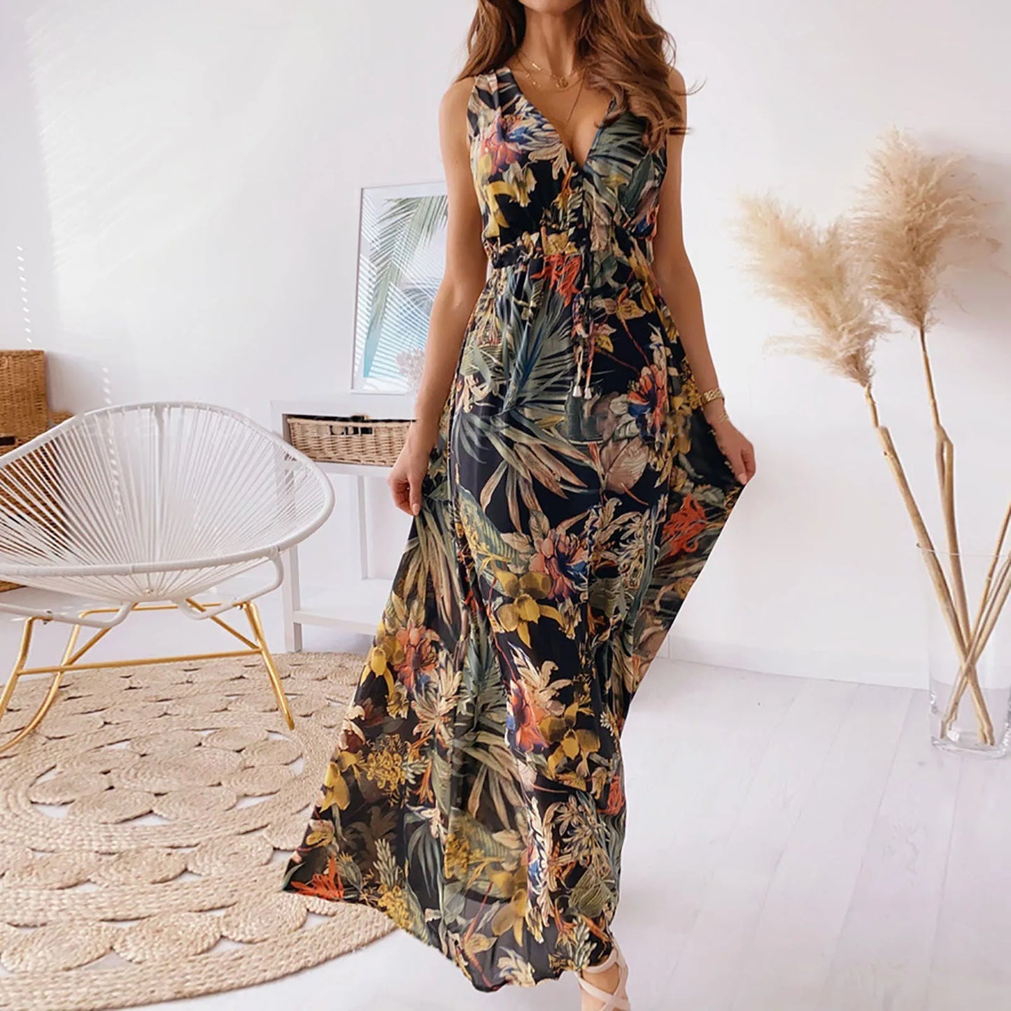 JuliaFashion - Summer Long Beach Floral Print SunFashion New Floral Print Halter Strap Banquet Wedding Maxi Dress