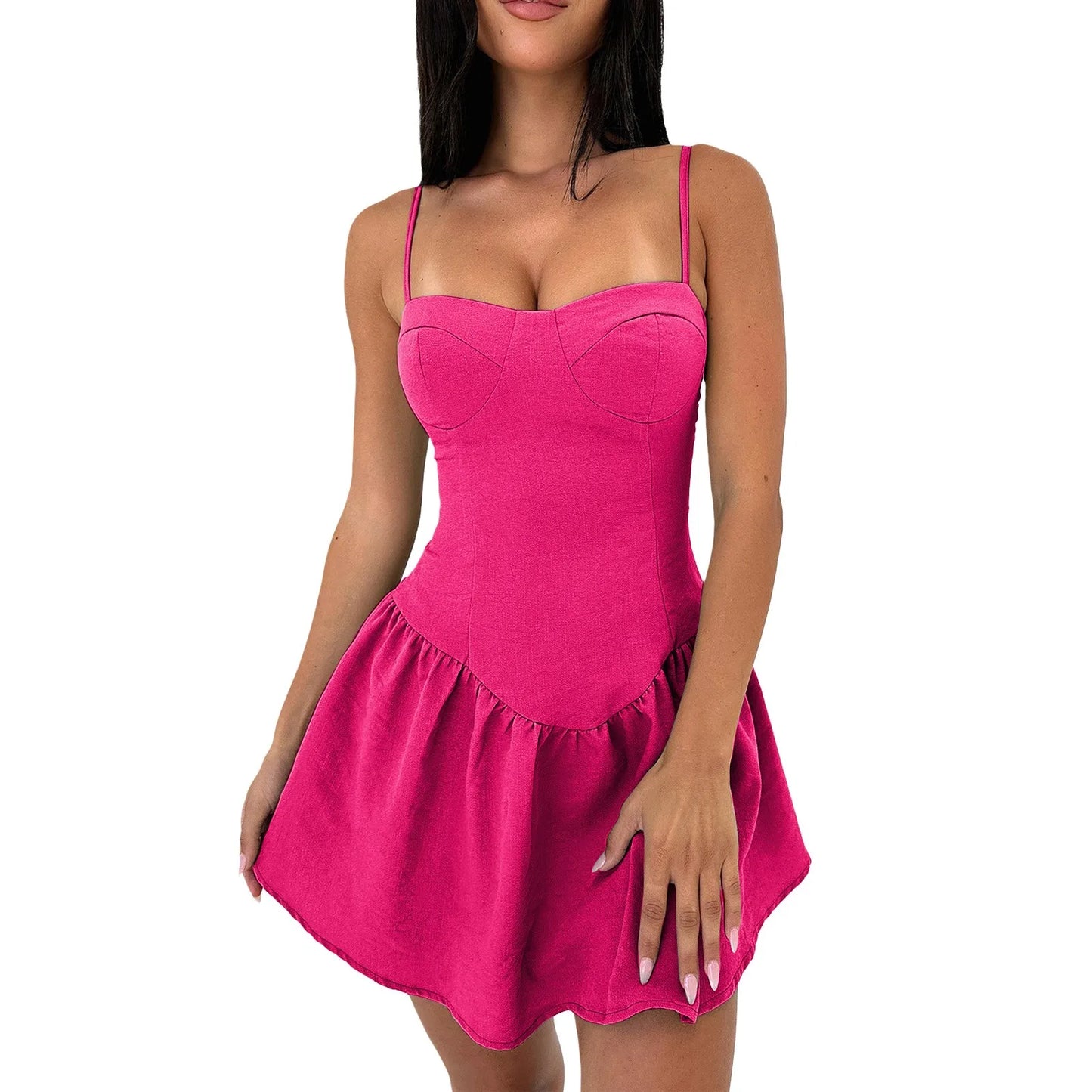 JuliaFashion - Women Solid Color Sexy Short Mini Halter Ruffled Solid Color Casual For Women Fashion Summer Spaghetti Strap Dress