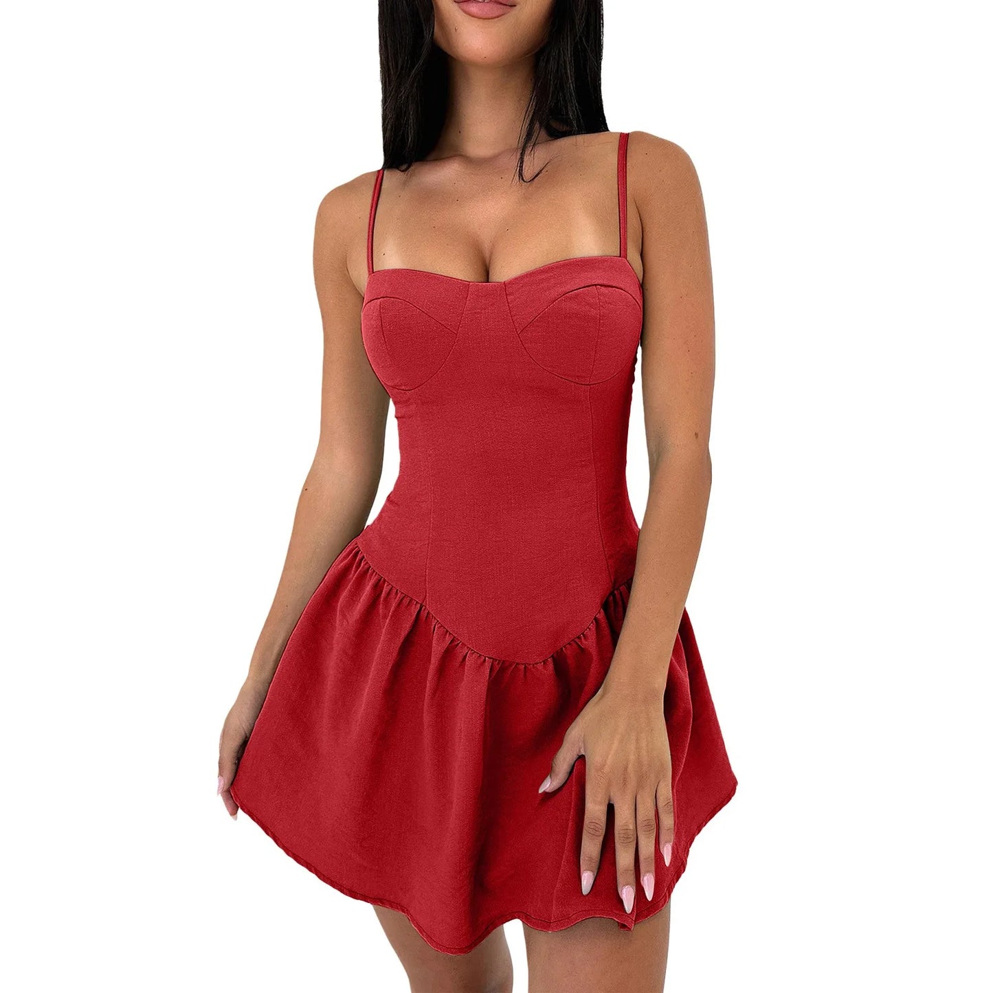 JuliaFashion - Women Solid Color Sexy Short Mini Halter Ruffled Solid Color Casual For Women Fashion Summer Spaghetti Strap Dress