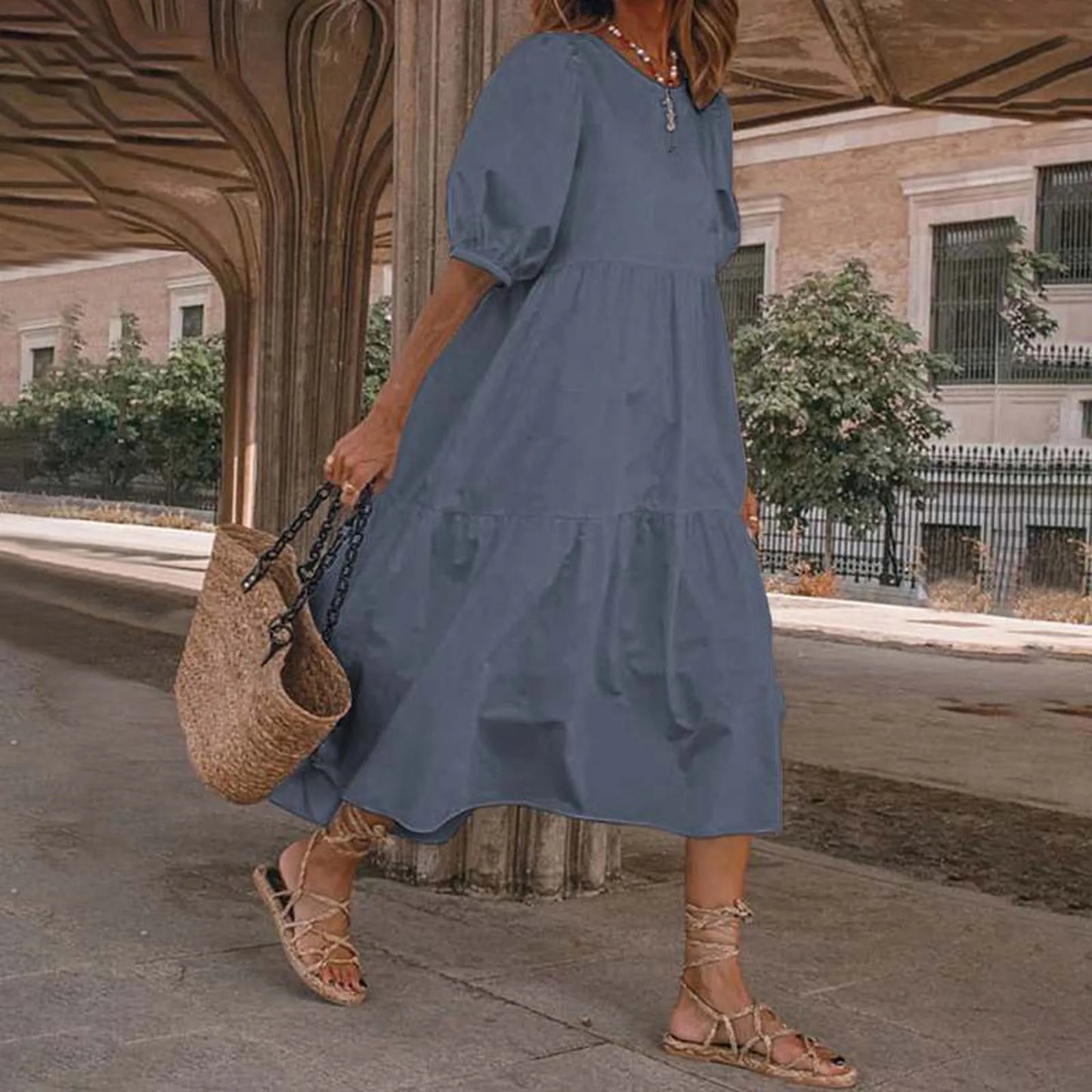 JuliaFashion - Women Solid SunSummer Vintage Elegant Loose Short Sleeve Swing Party Long Female Beach Vestidos Casual Robe Dress