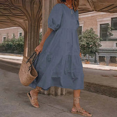 JuliaFashion - Women Solid SunSummer Vintage Elegant Loose Short Sleeve Swing Party Long Female Beach Vestidos Casual Robe Dress