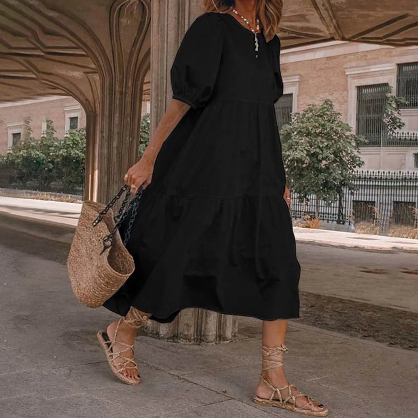 JuliaFashion - Women Solid SunSummer Vintage Elegant Loose Short Sleeve Swing Party Long Female Beach Vestidos Casual Robe Dress