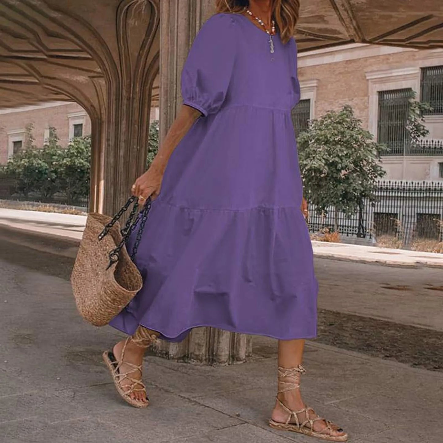 JuliaFashion - Women Solid SunSummer Vintage Elegant Loose Short Sleeve Swing Party Long Female Beach Vestidos Casual Robe Dress