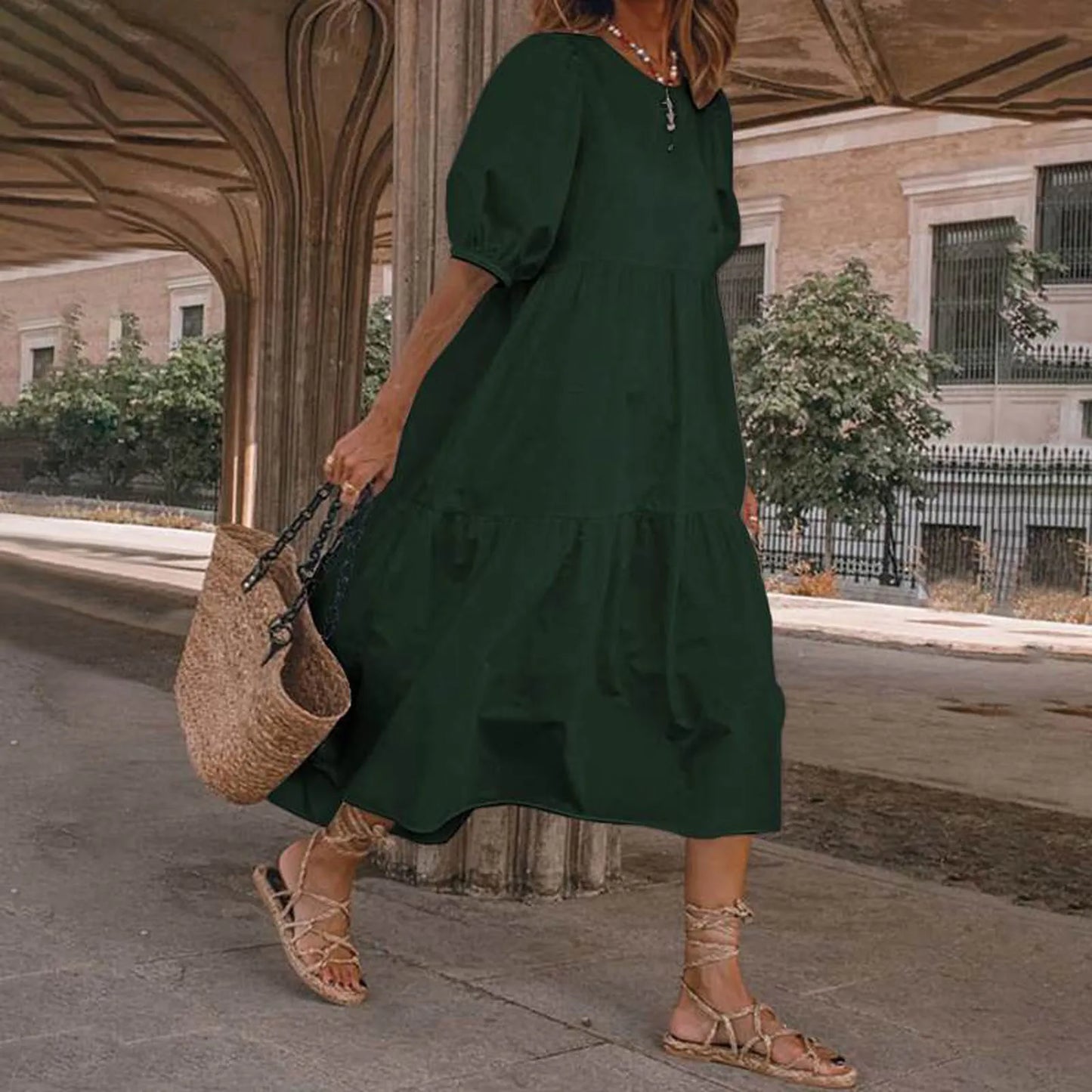 JuliaFashion - Women Solid SunSummer Vintage Elegant Loose Short Sleeve Swing Party Long Female Beach Vestidos Casual Robe Dress