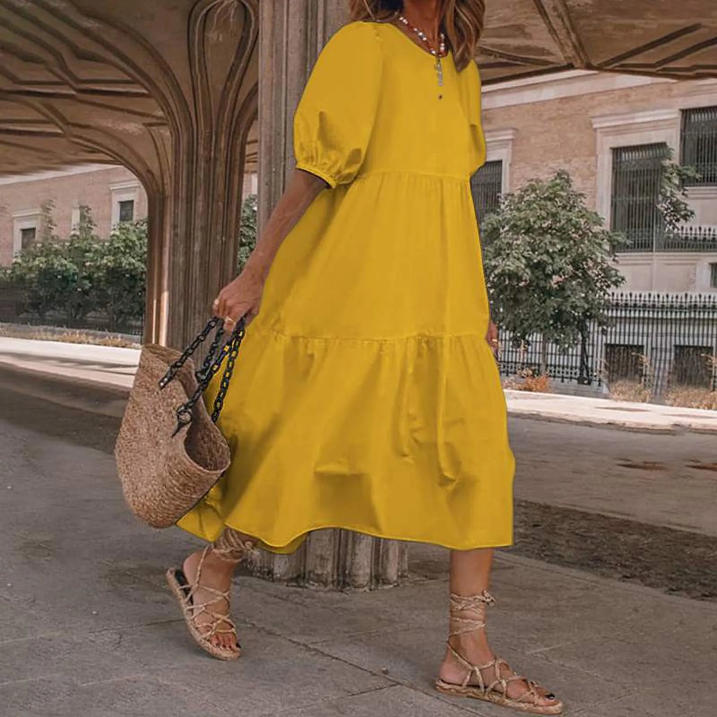 JuliaFashion - Women Solid SunSummer Vintage Elegant Loose Short Sleeve Swing Party Long Female Beach Vestidos Casual Robe Dress