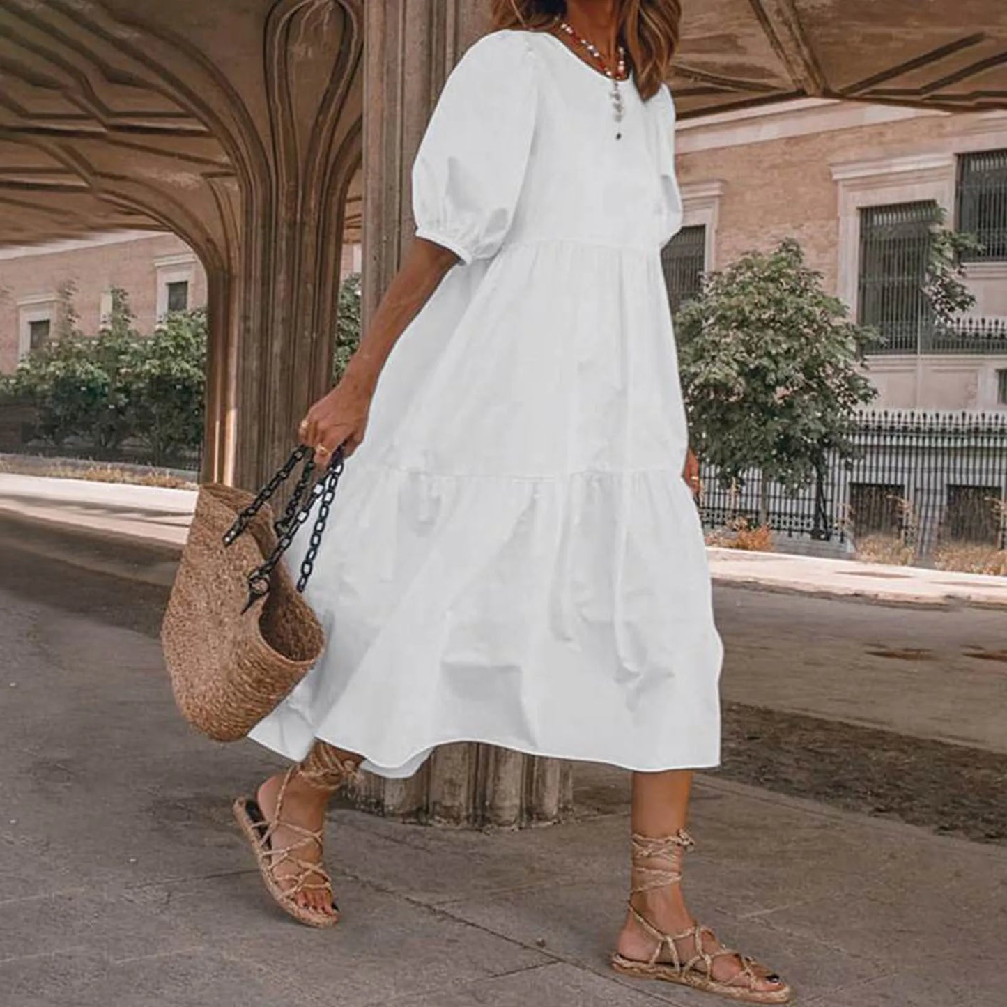 JuliaFashion - Women Solid SunSummer Vintage Elegant Loose Short Sleeve Swing Party Long Female Beach Vestidos Casual Robe Dress