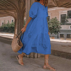 JuliaFashion - Women Solid SunSummer Vintage Elegant Loose Short Sleeve Swing Party Long Female Beach Vestidos Casual Robe Dress